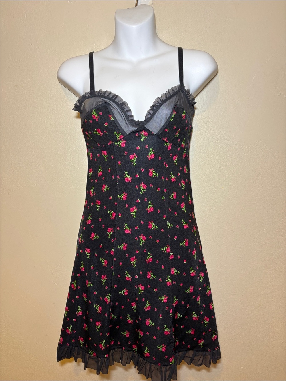 Victoria's Secret Black Floral Ruffle Chemise with Pink & Green Accents